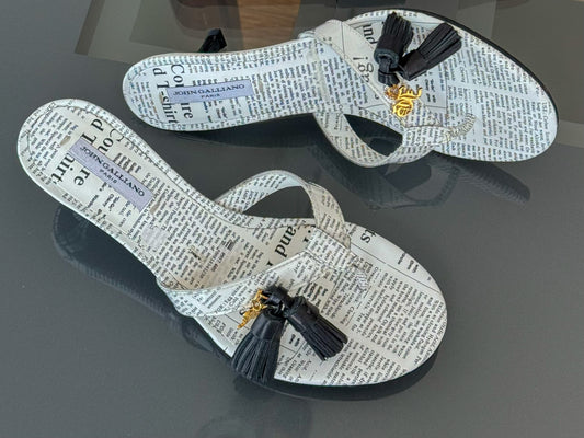 John Galliano Newspaper Print Tassel Sandals 38
