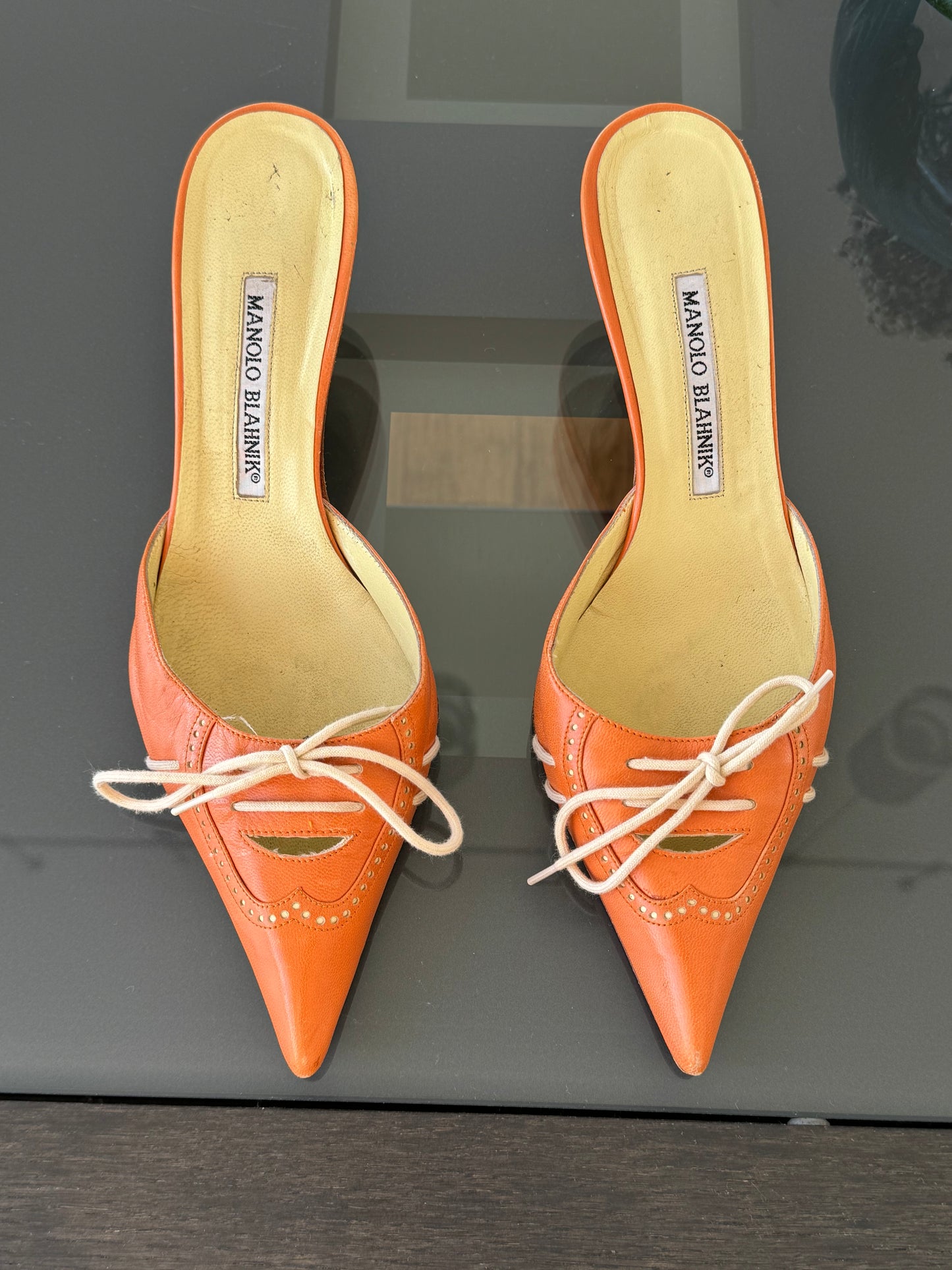 Manolo Blahnik Orange Lace Up Mules 39 (Runs Small)