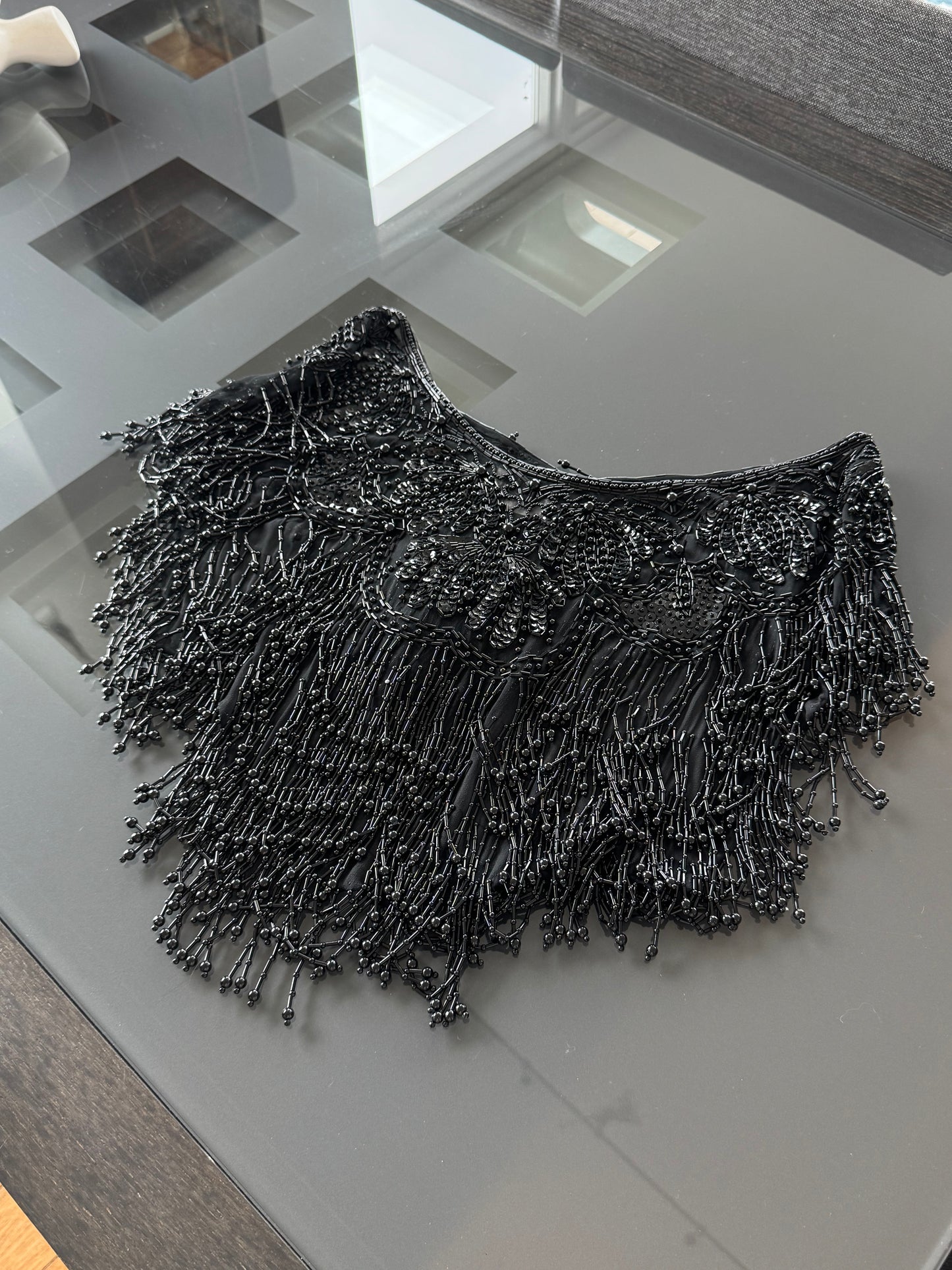 Vintage Black Beaded Silk Fringe Shawl Top