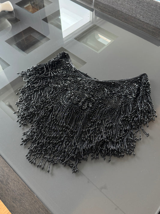 Vintage Black Beaded Silk Fringe Shawl Top