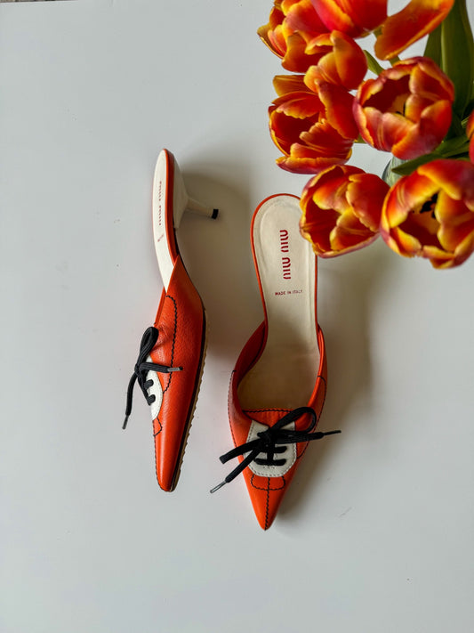 Miu Miu Vintage Orange Lace-Up Mules 38.5 (runs small)