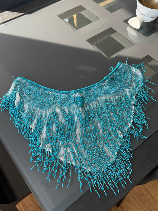 Vintage Turquoise Beaded Silk Fringe Shawl Top