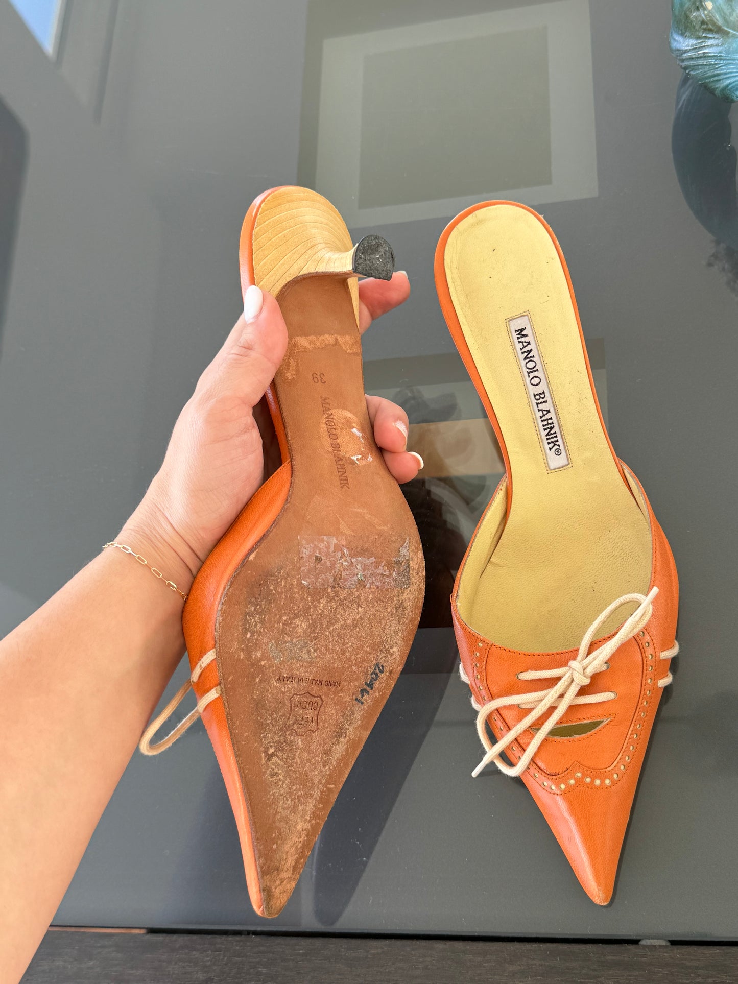 Manolo Blahnik Orange Lace Up Mules 39 (Runs Small)