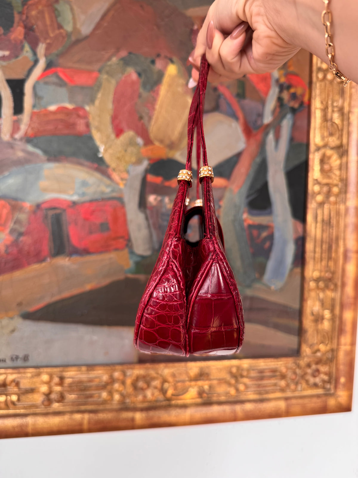 Vintage Judith Leiber Red Crocodile Swarovski Crystal Silk Handbag