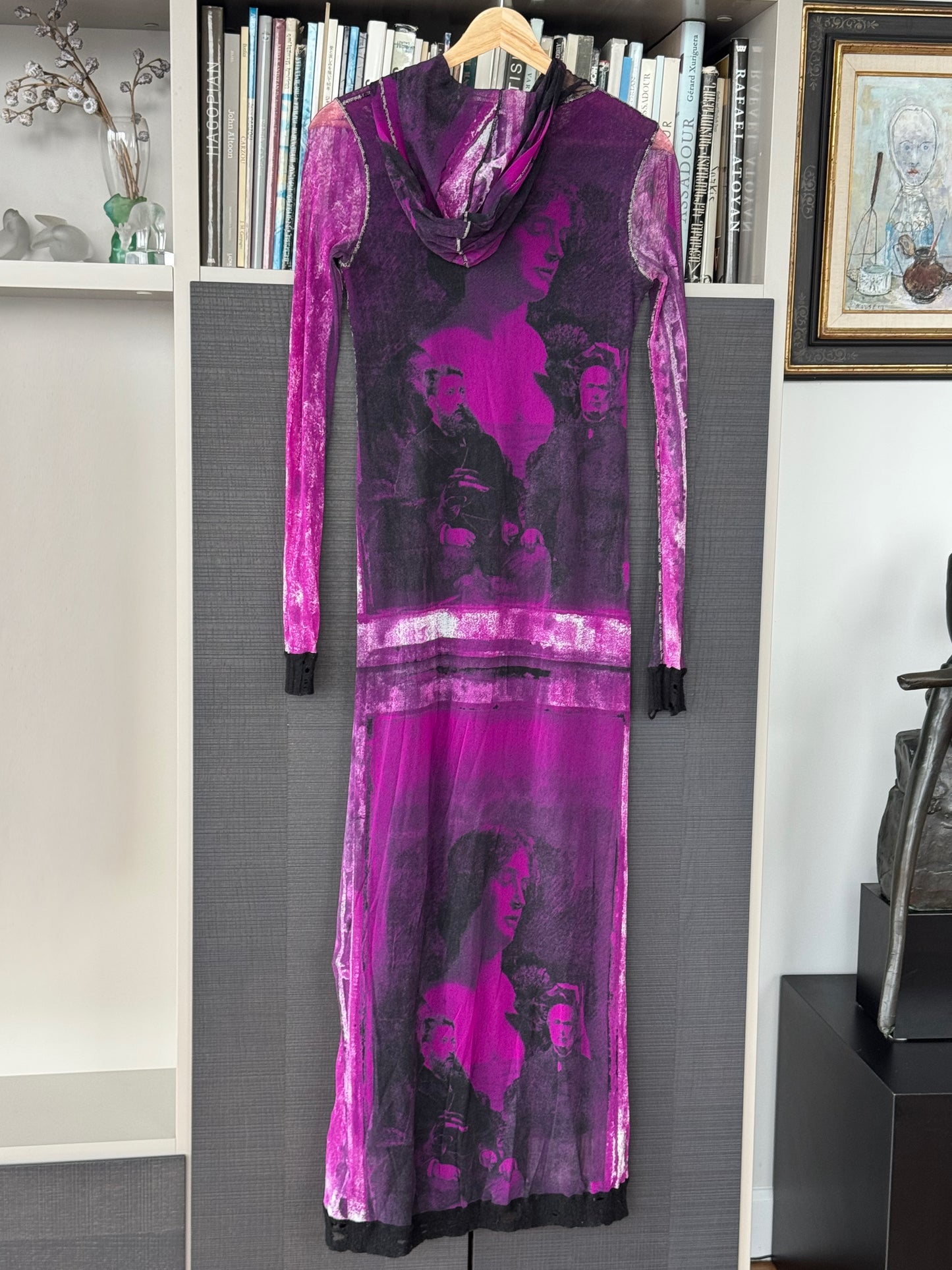 Jean Paul Gaultier c. 1998 Photo-Print Mesh Hooded Maxi Dress