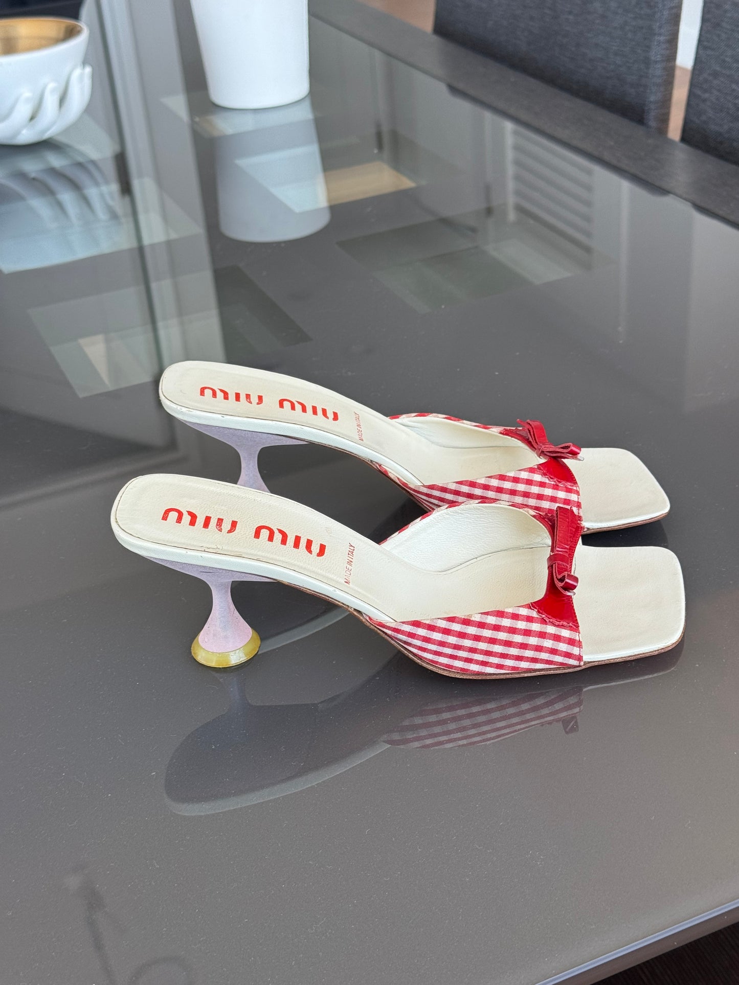 Miu Miu Red Gingham Bow Mules 39