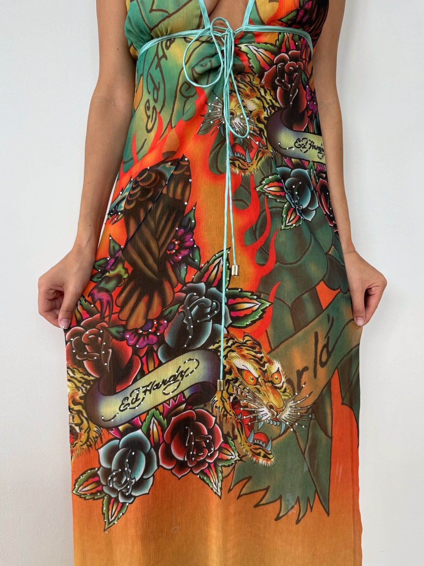 Vintage Ed Hardy Tattoo Print Open Back Maxi Dress