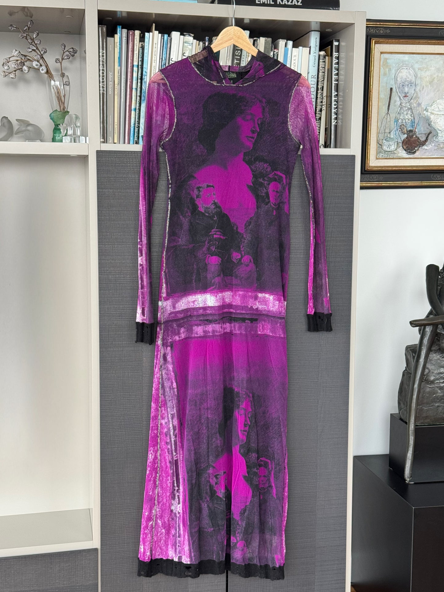 Jean Paul Gaultier c. 1998 Photo-Print Mesh Hooded Maxi Dress