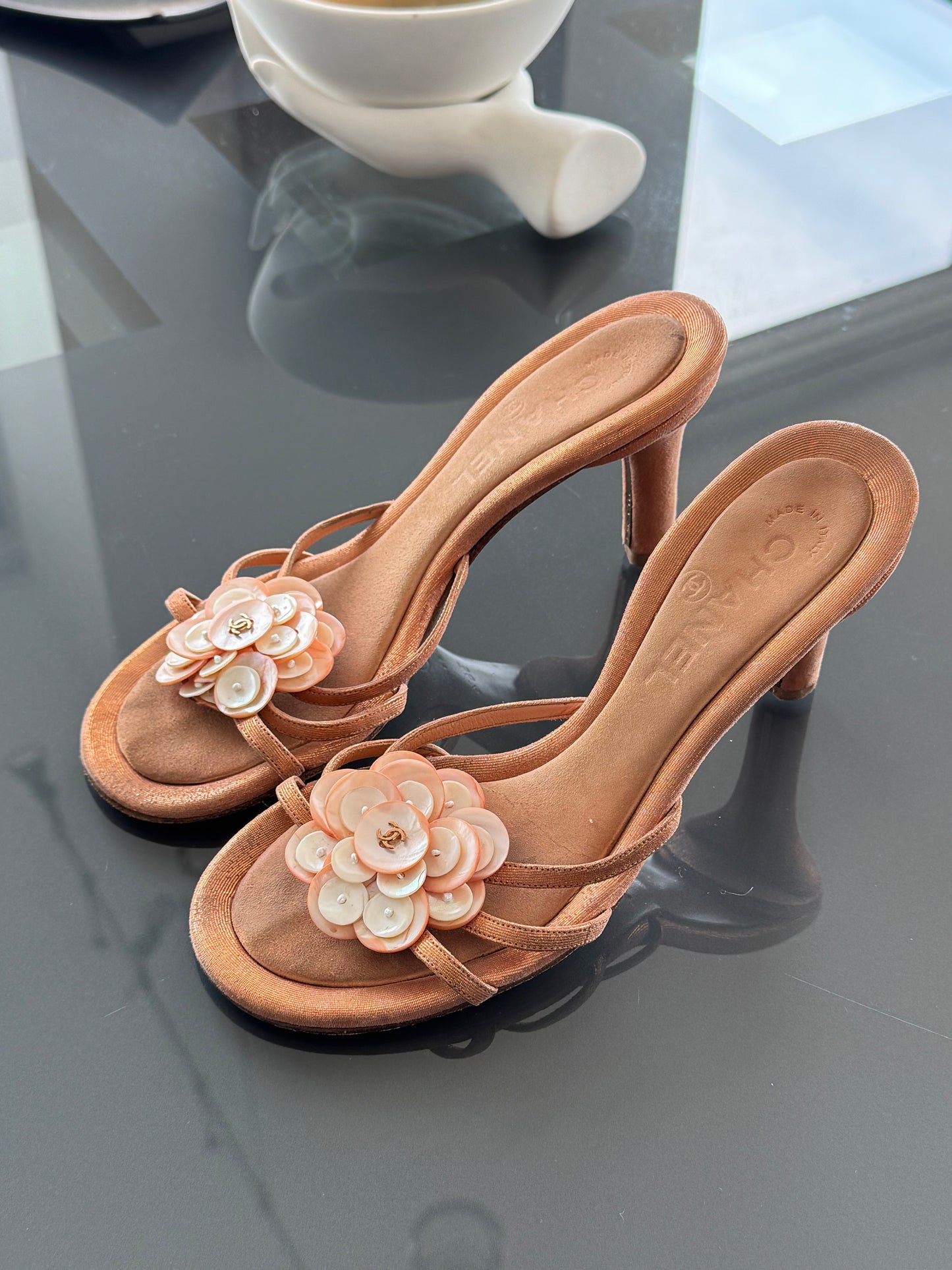 Chanel Mother-of-Pearl Camellia Mules 36.5