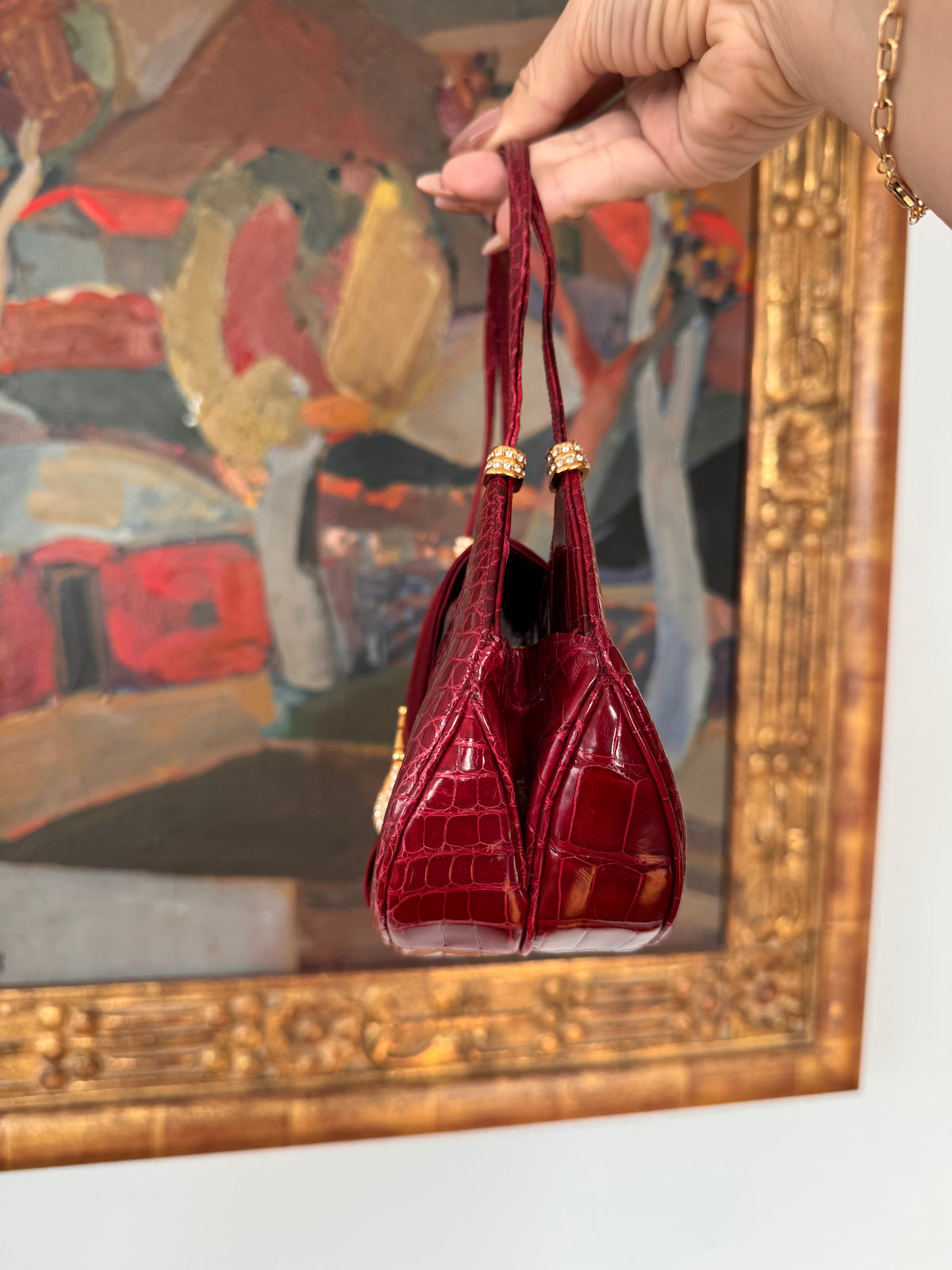 Vintage Judith Leiber Red Crocodile Swarovski Crystal Silk Handbag