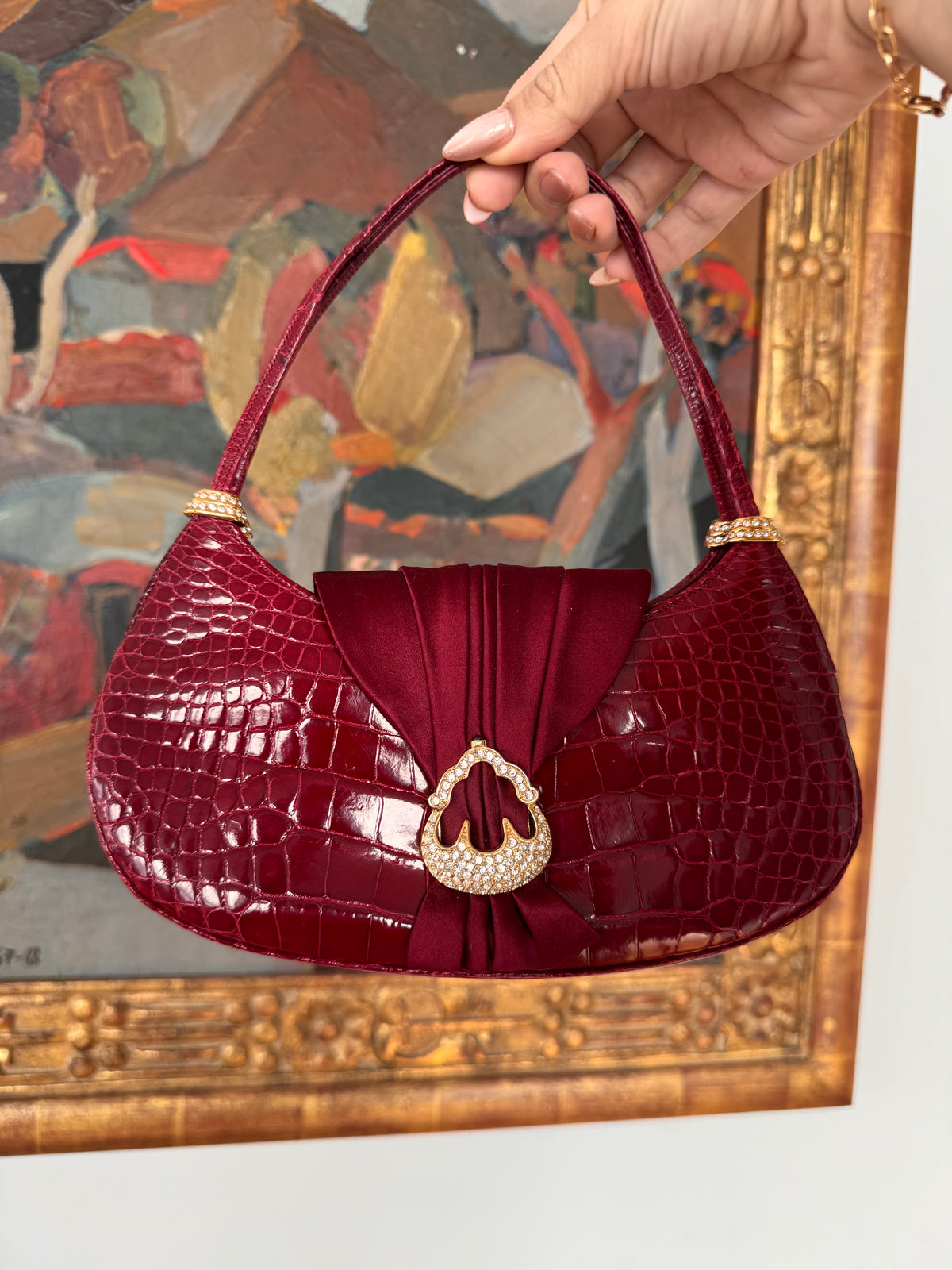 Vintage Judith Leiber Red Crocodile Swarovski Crystal Silk Handbag