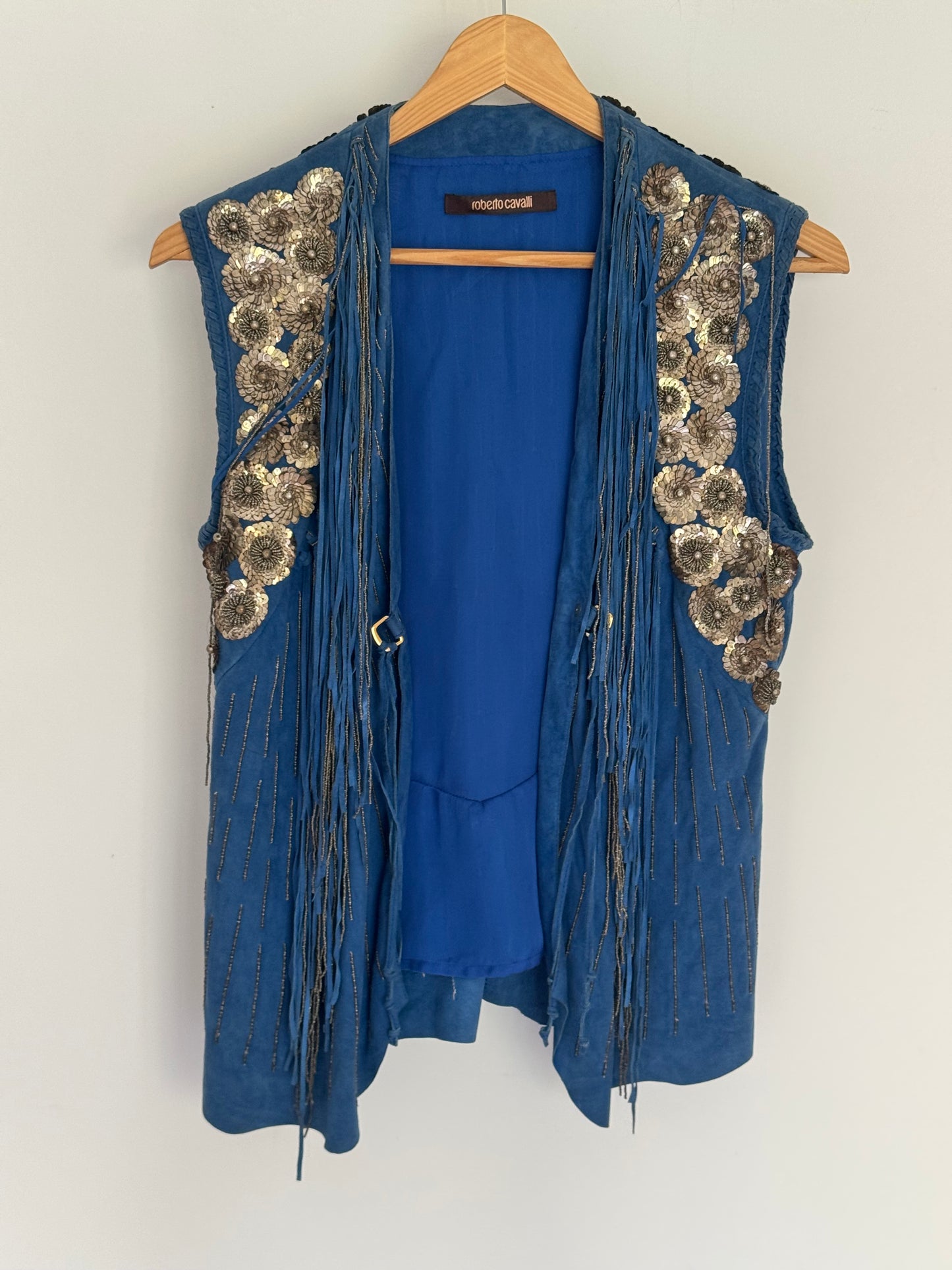 Roberto Cavalli Blue Suede Beaded Fringe Vest