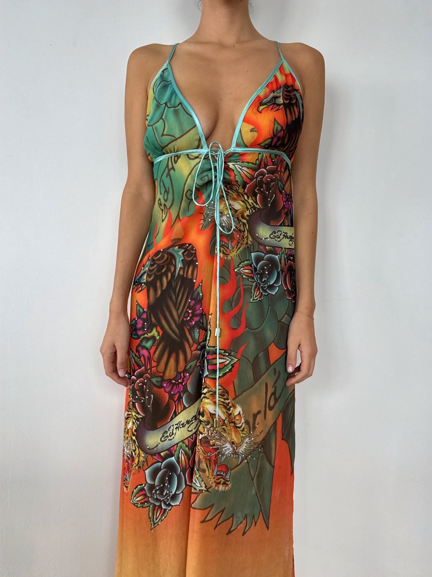 Vintage Ed Hardy Tattoo Print Open Back Maxi Dress