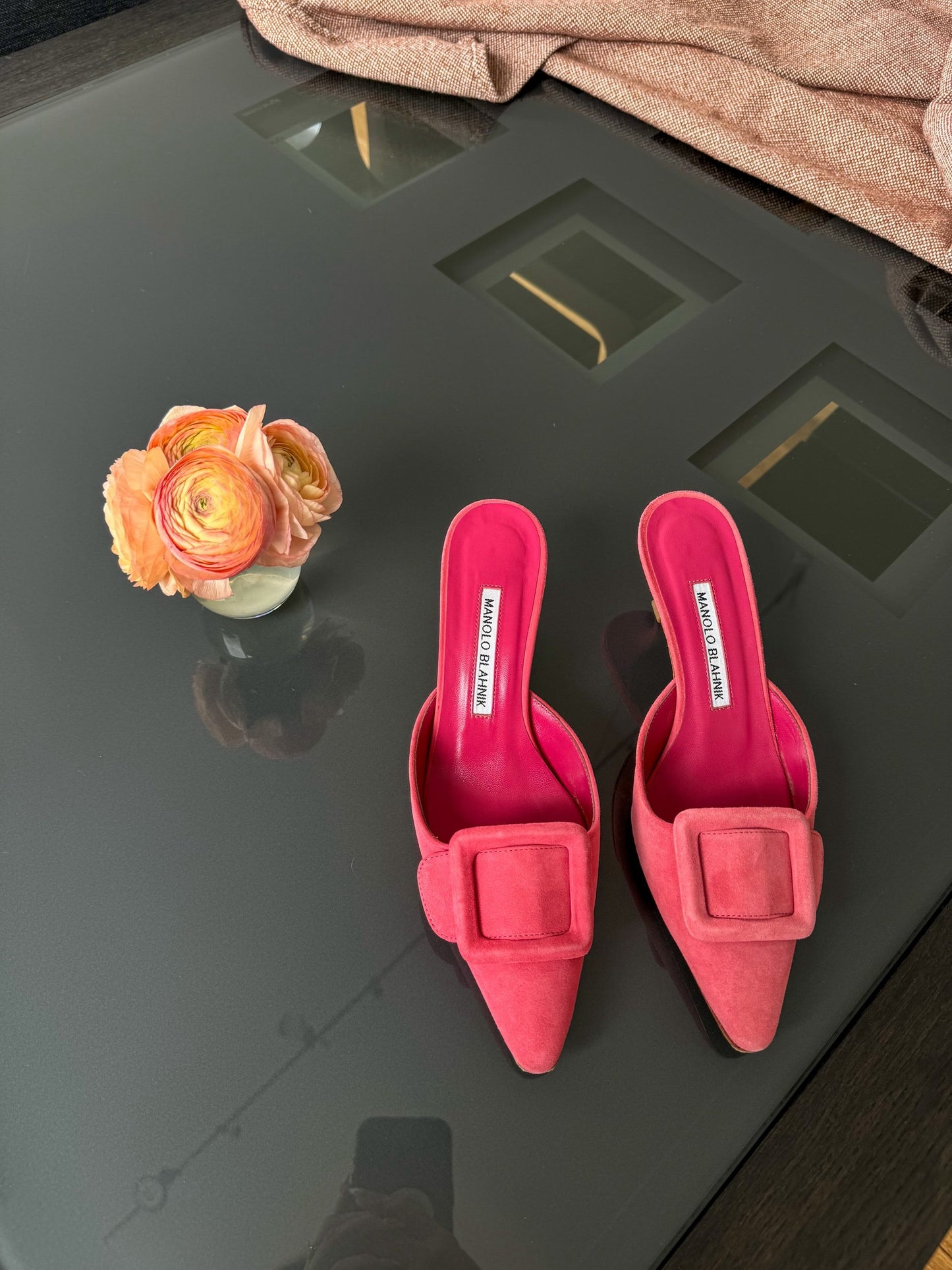 Manolo Blahnik pink suede Maysale mules 36