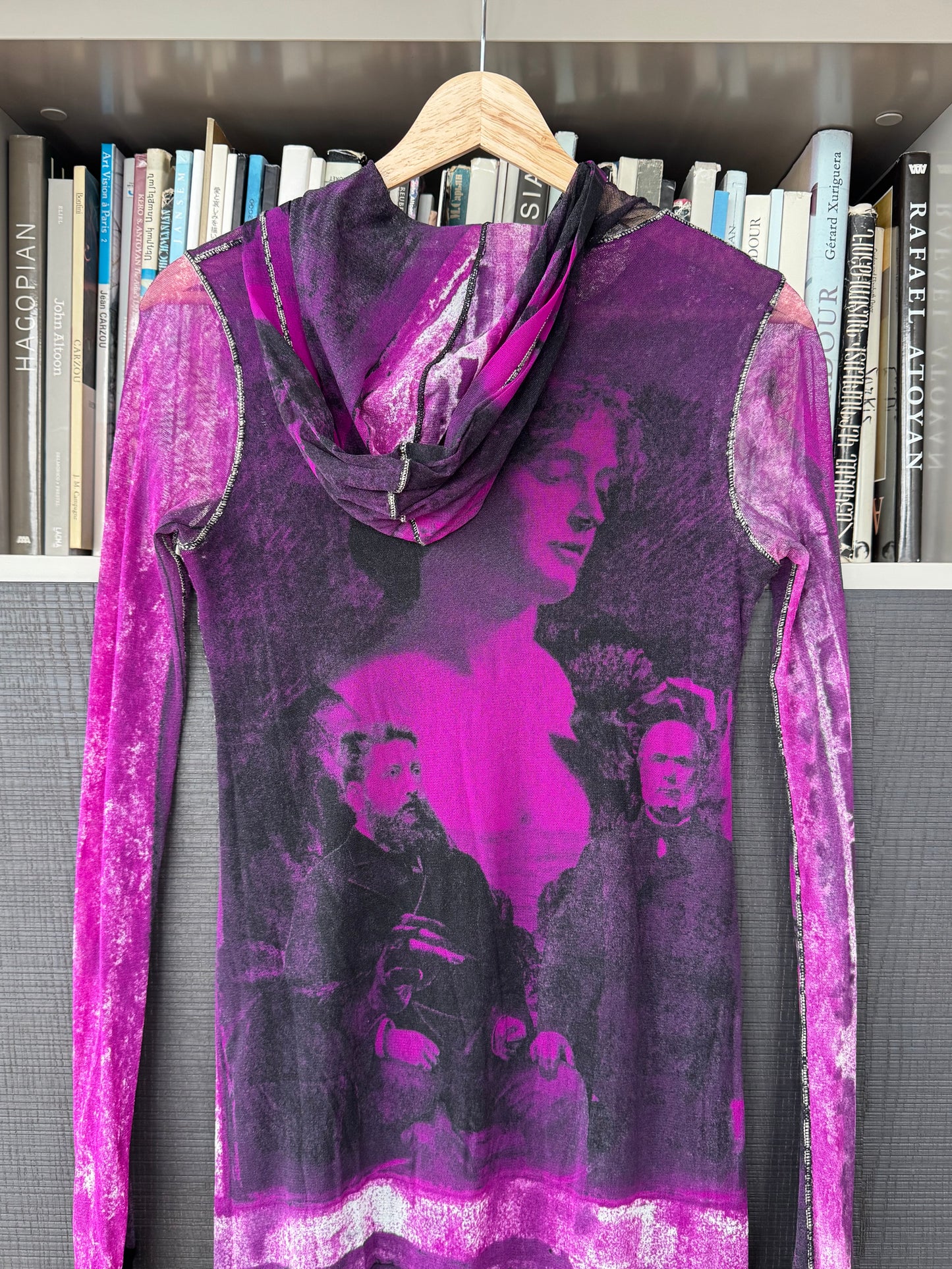 Jean Paul Gaultier c. 1998 Photo-Print Mesh Hooded Maxi Dress