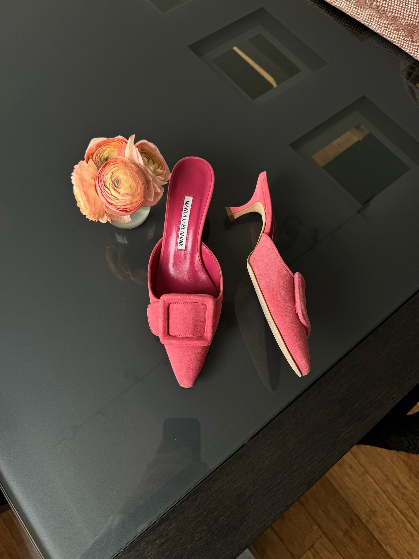 Manolo Blahnik pink suede Maysale mules 36