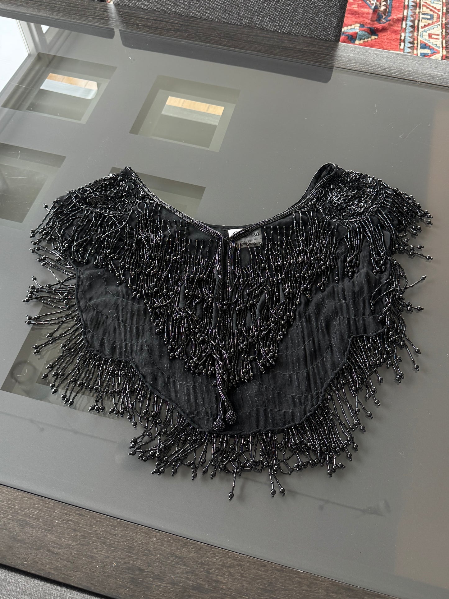 Vintage Black Beaded Silk Fringe Shawl Top