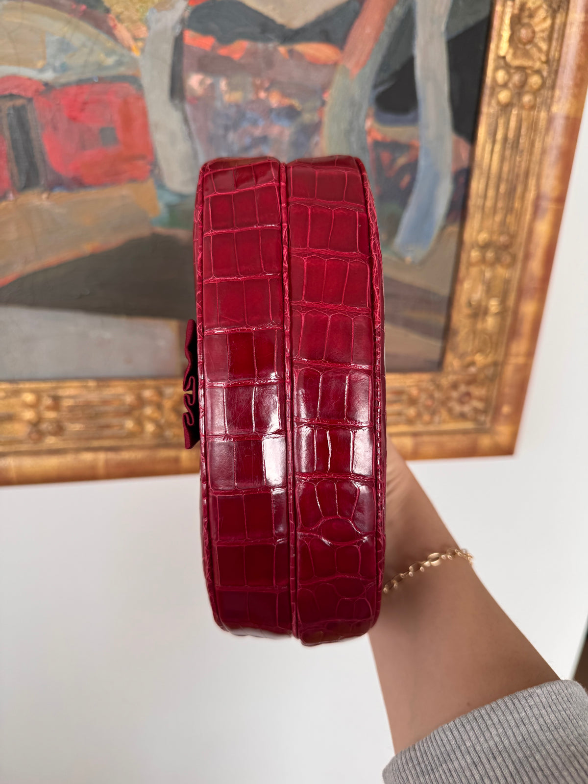 Vintage Judith Leiber Red Crocodile Swarovski Crystal Silk Handbag