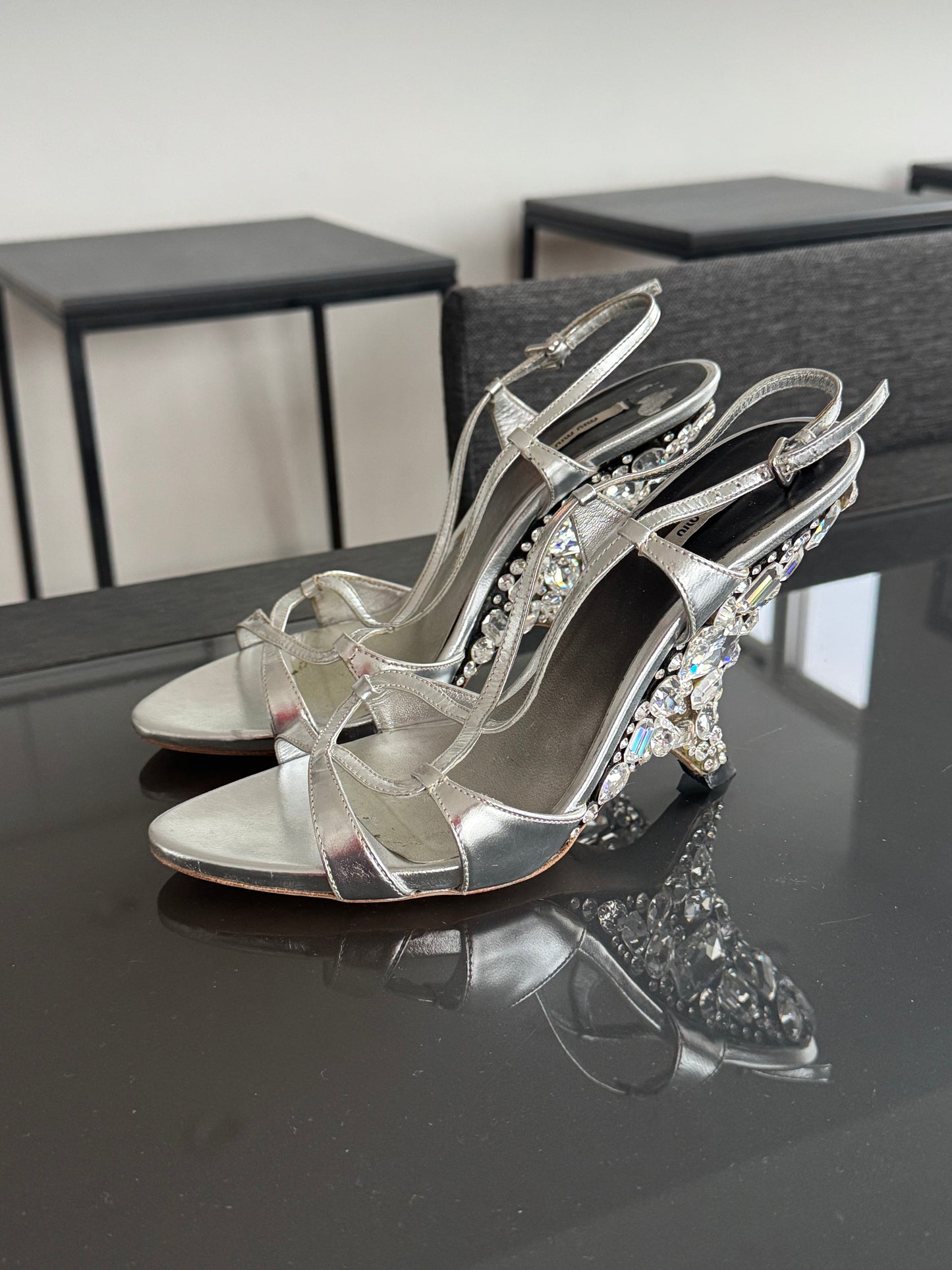 Miu Miu Crystal-Embellished Silver Sandal Heels 37