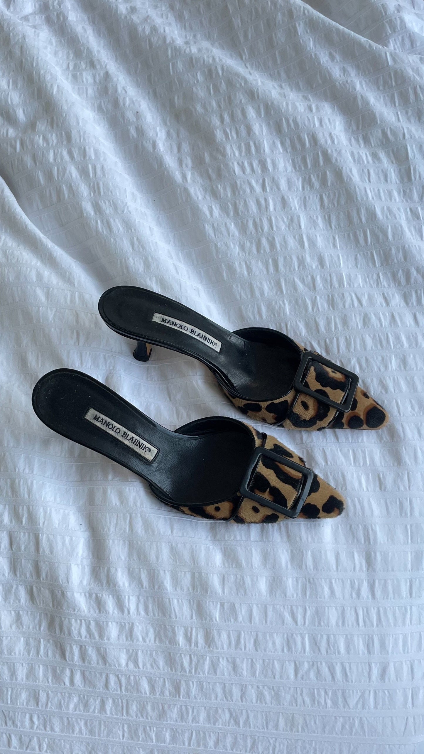 Manolo Blahnik Animal Print Buckle Mules