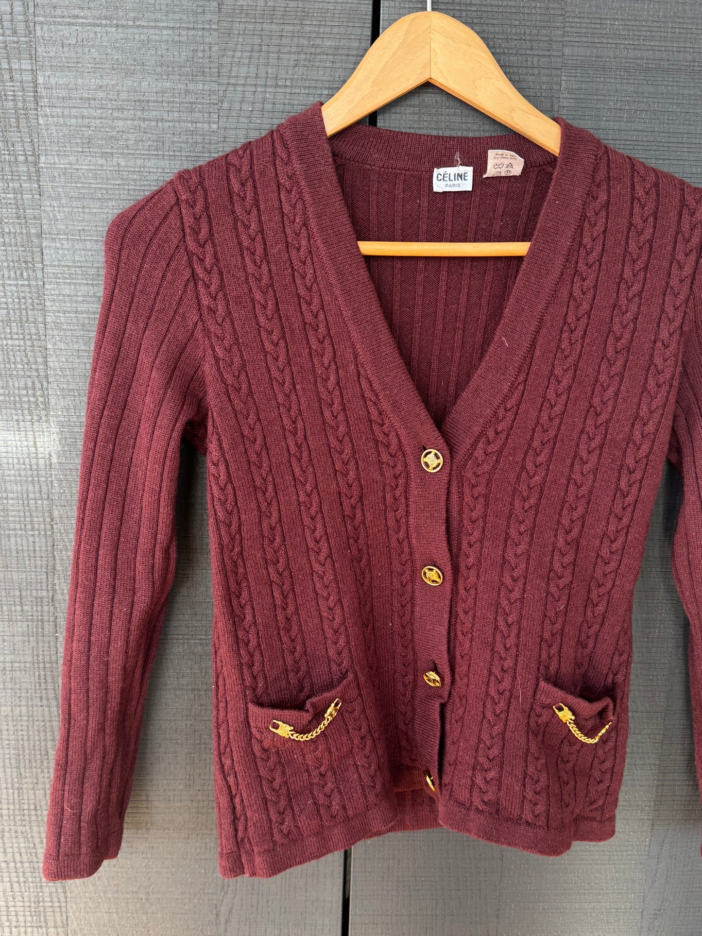 Celine 1970s Wool Cardigan w/ Gold Accents