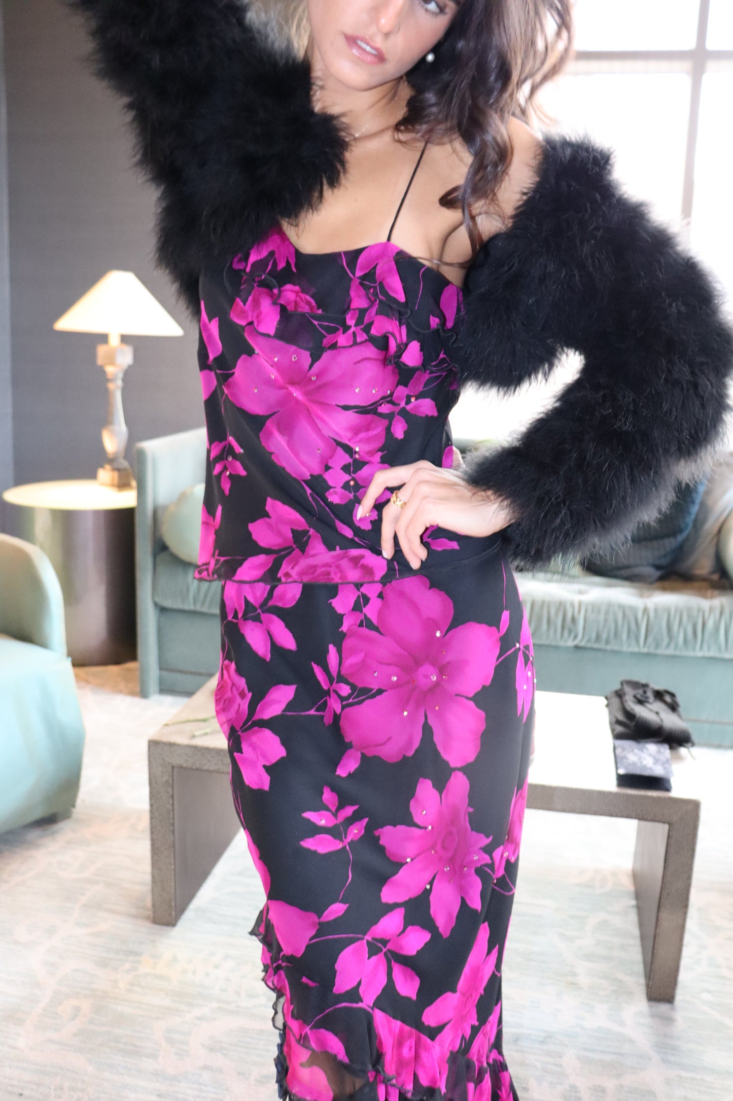 Vintage Silk Floral Two-Piece Set with Rhinestone Appliqués