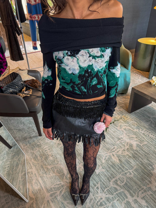 Blumarine Vintage Floral Off-Shoulder Rhinestone Sweater