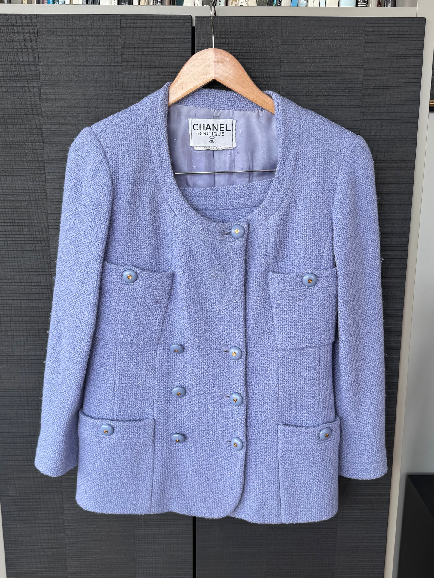 Vintage Chanel Boutique Periwinkle Bouclé Karl Lagerfeld Tweed Skirt Suit