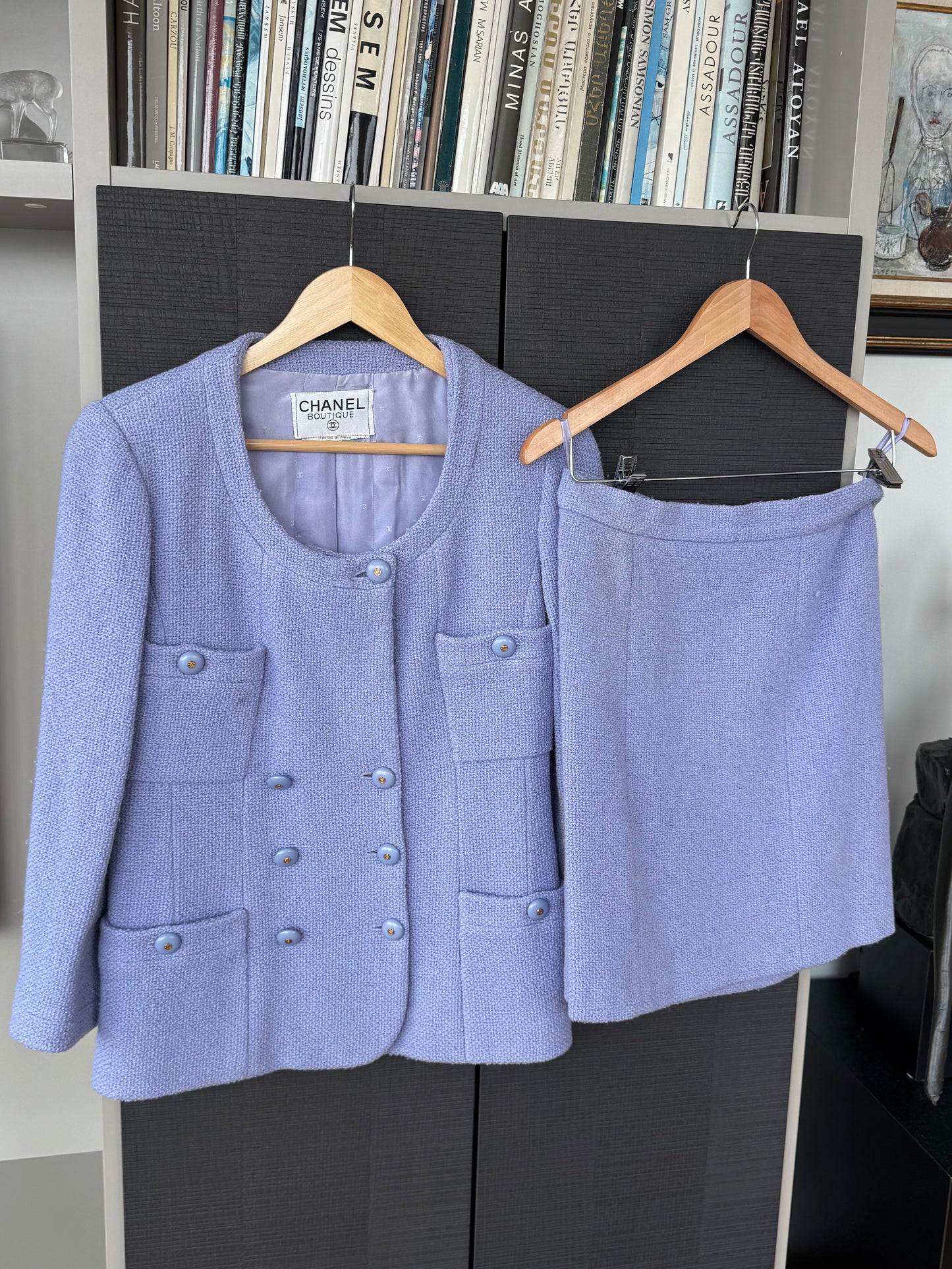 Vintage Chanel Boutique Periwinkle Bouclé Karl Lagerfeld Tweed Skirt Suit