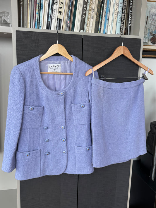 Vintage Chanel Boutique Periwinkle Bouclé Karl Lagerfeld Tweed Skirt Suit