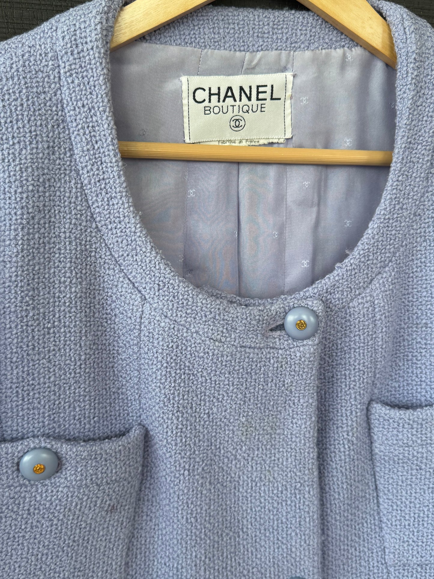 Vintage Chanel Boutique Periwinkle Bouclé Karl Lagerfeld Tweed Skirt Suit