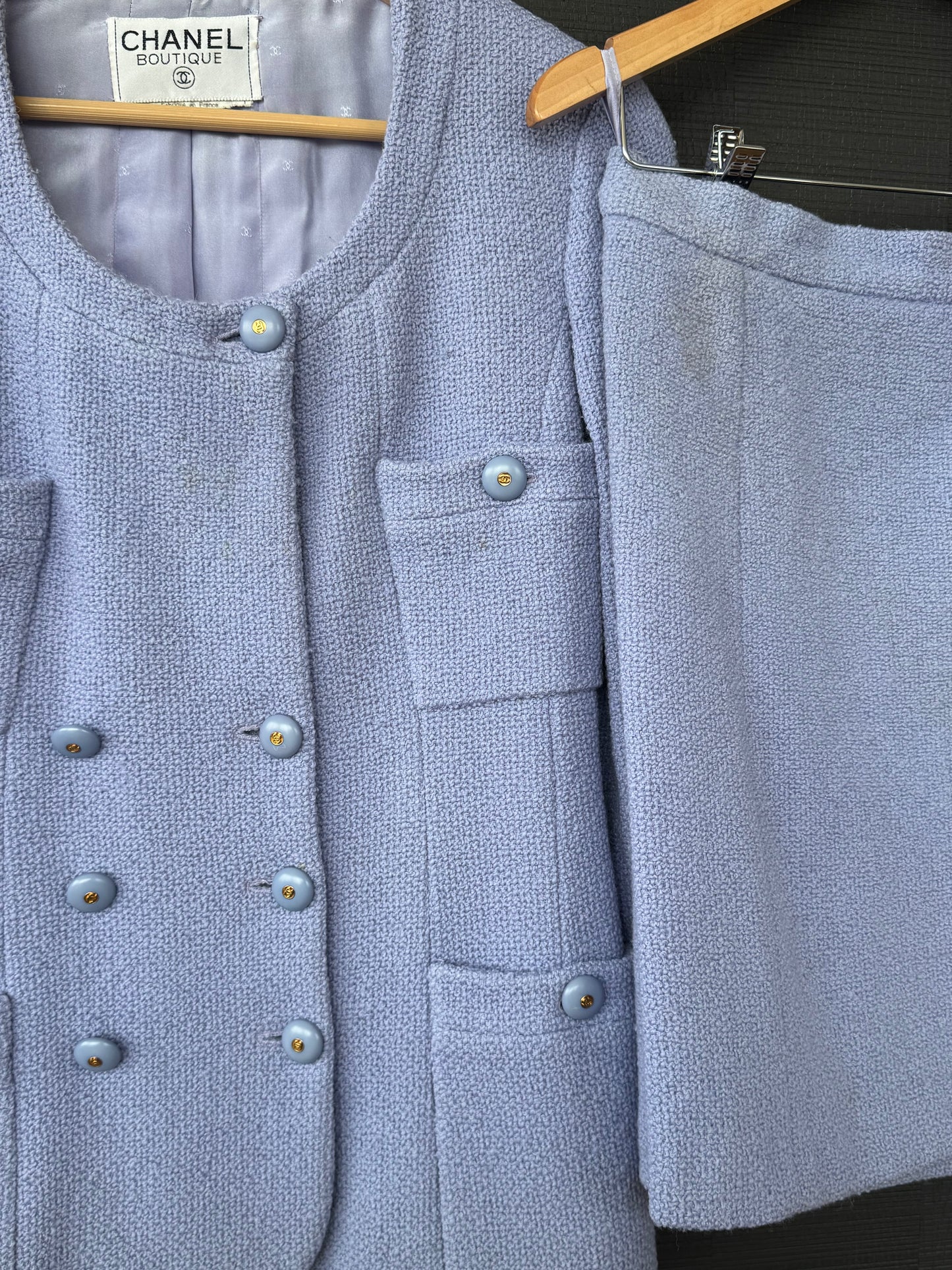 Vintage Chanel Boutique Periwinkle Bouclé Karl Lagerfeld Tweed Skirt Suit