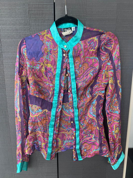 Vintage D&G Multicolor Paisley Silk Crystal Button Blouse
