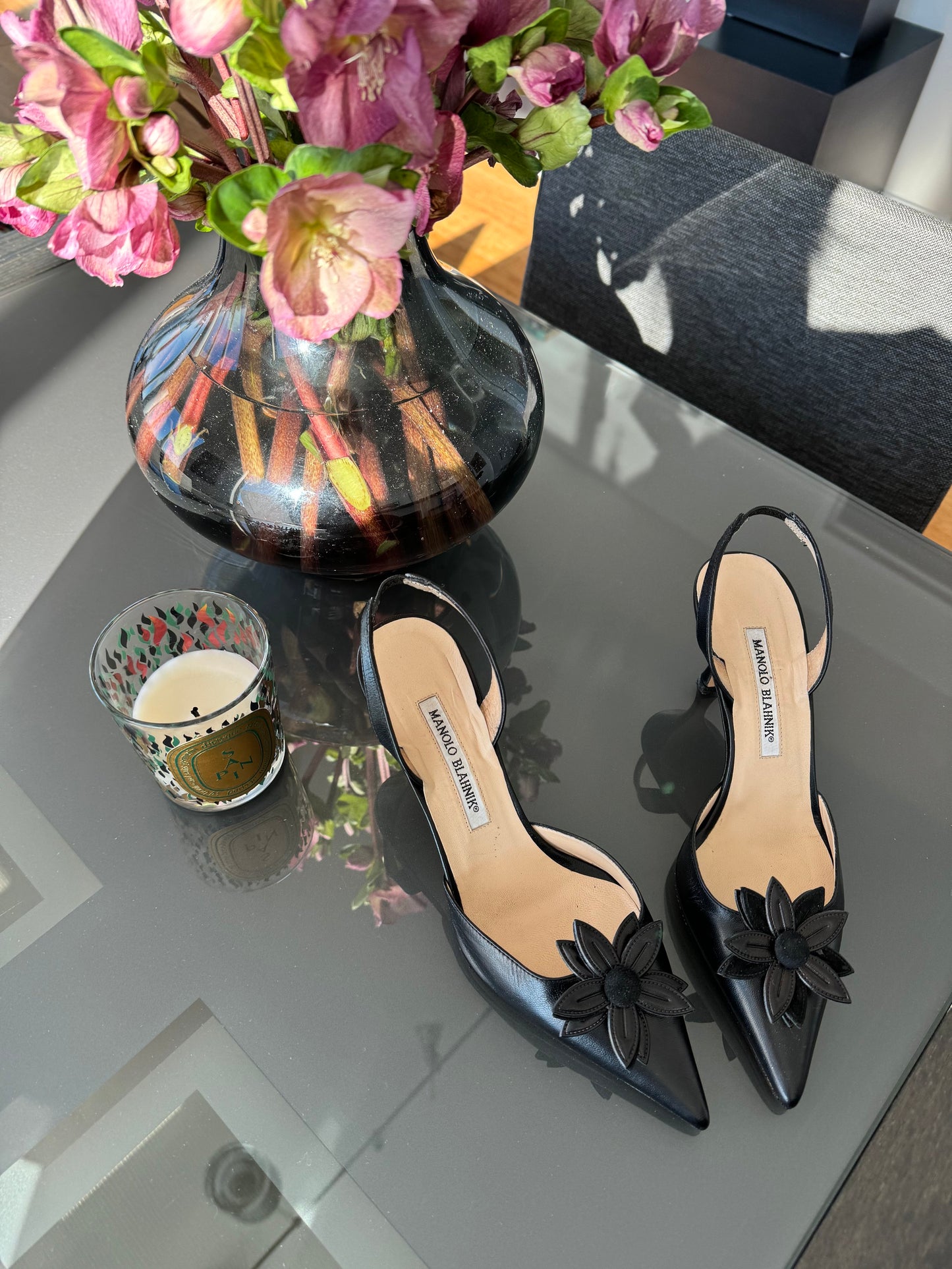 Manolo Blahnik Leather Flower Slingbacks