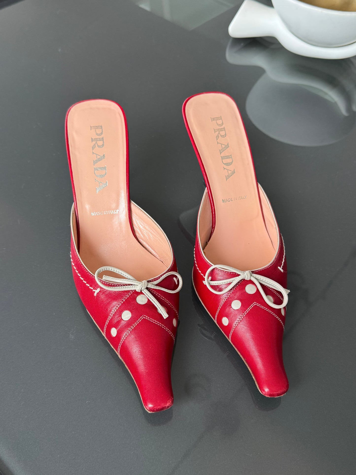 Prada Early 2000s Leather Bow Mule Heels 37