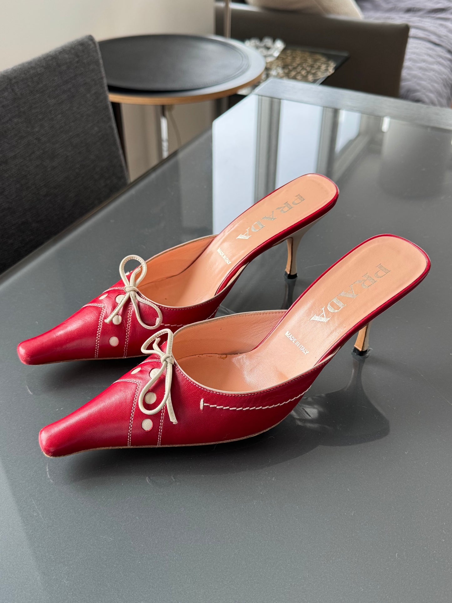 Prada Early 2000s Leather Bow Mule Heels 37
