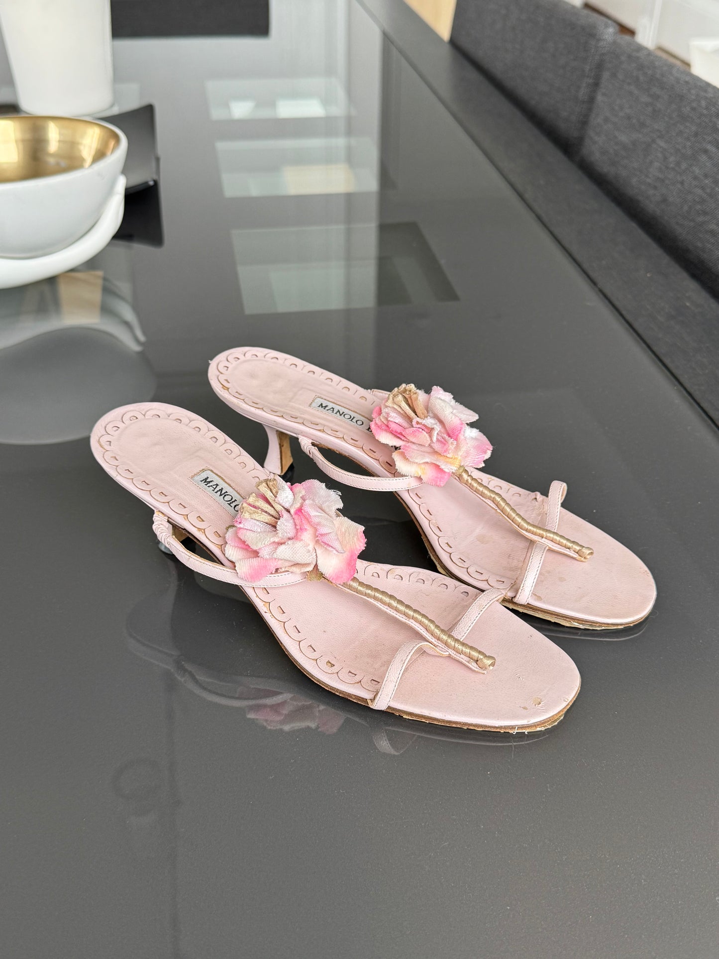 Manolo Blahnik Floral Embellished Kitten Heel Sandals ~36.5