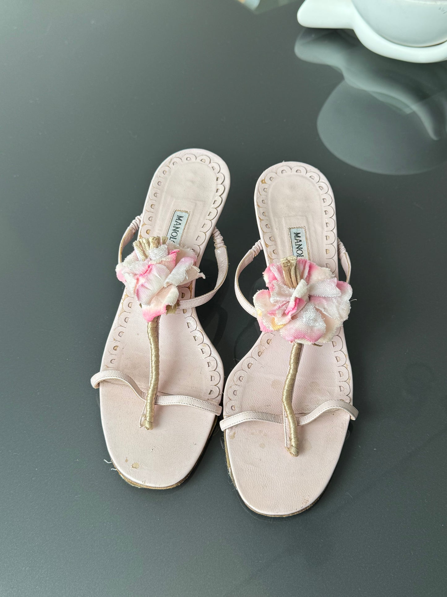 Manolo Blahnik Floral Embellished Kitten Heel Sandals ~36.5