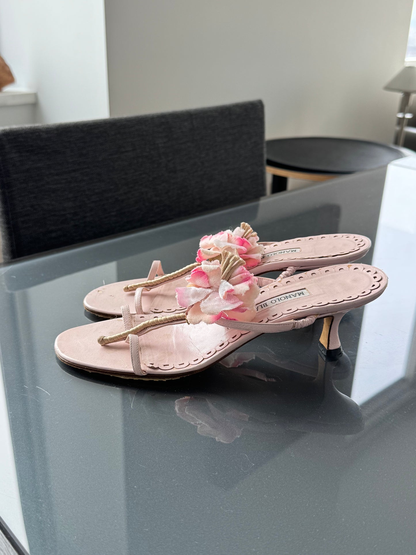 Manolo Blahnik Floral Embellished Kitten Heel Sandals ~36.5