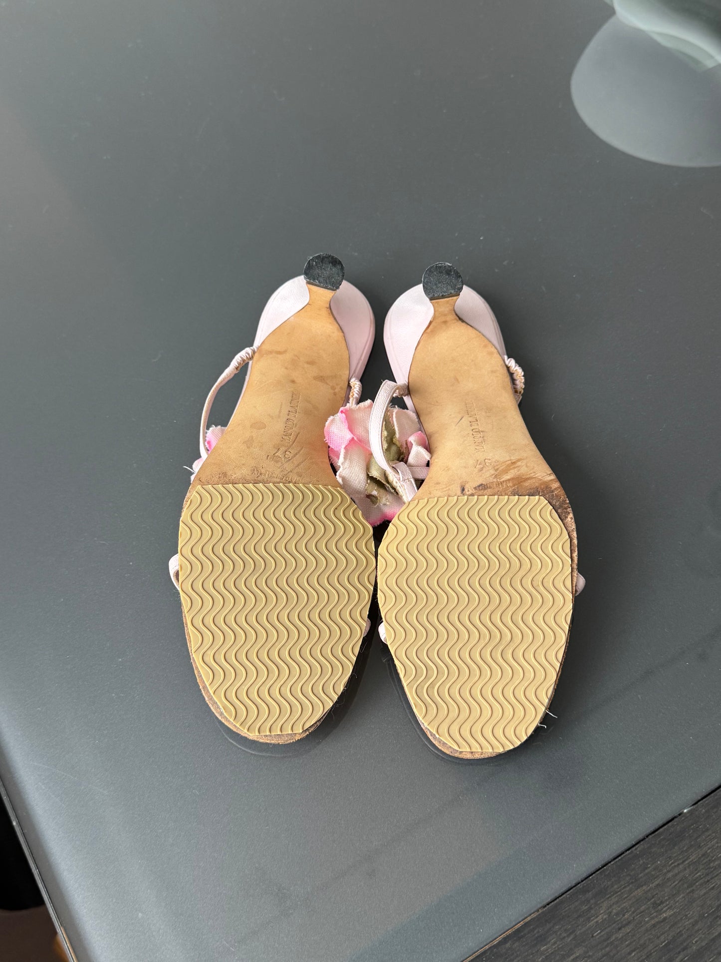 Manolo Blahnik Floral Embellished Kitten Heel Sandals ~36.5