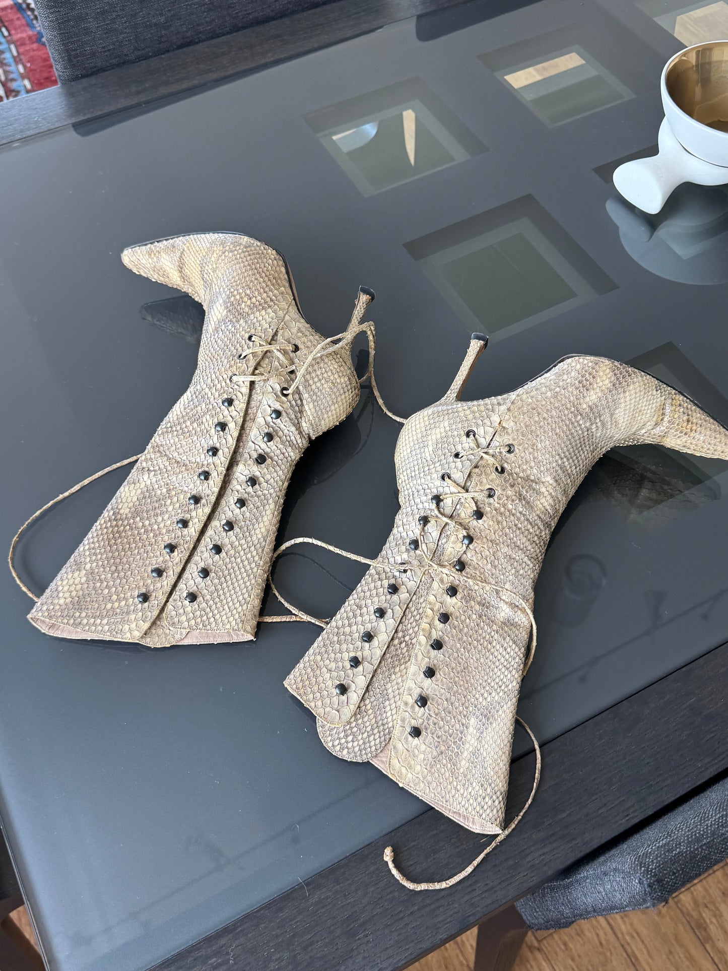 Vintage Manolo Blahnik Python Lace-Up Boots 39.5