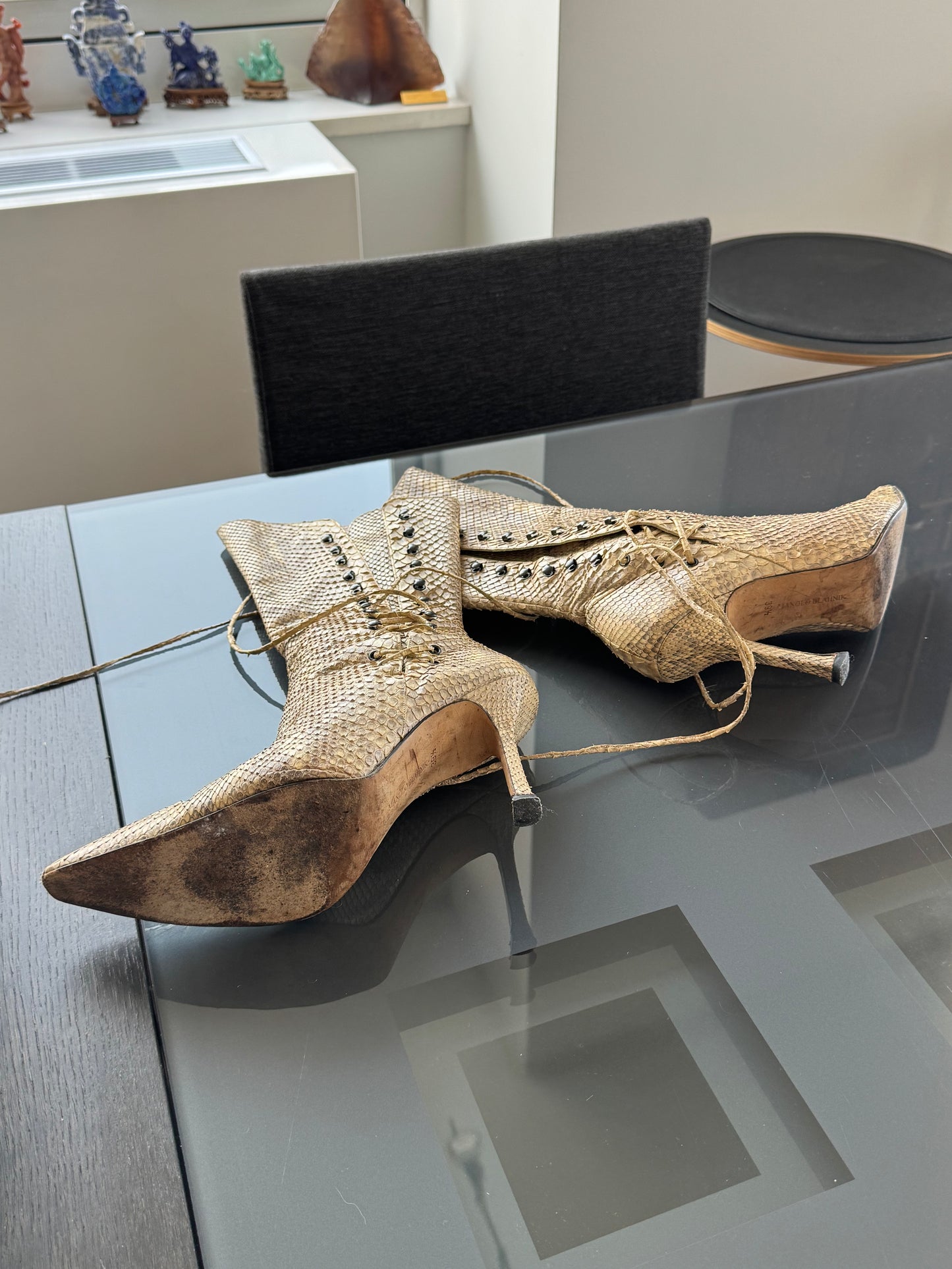 Vintage Manolo Blahnik Python Lace-Up Boots 39.5