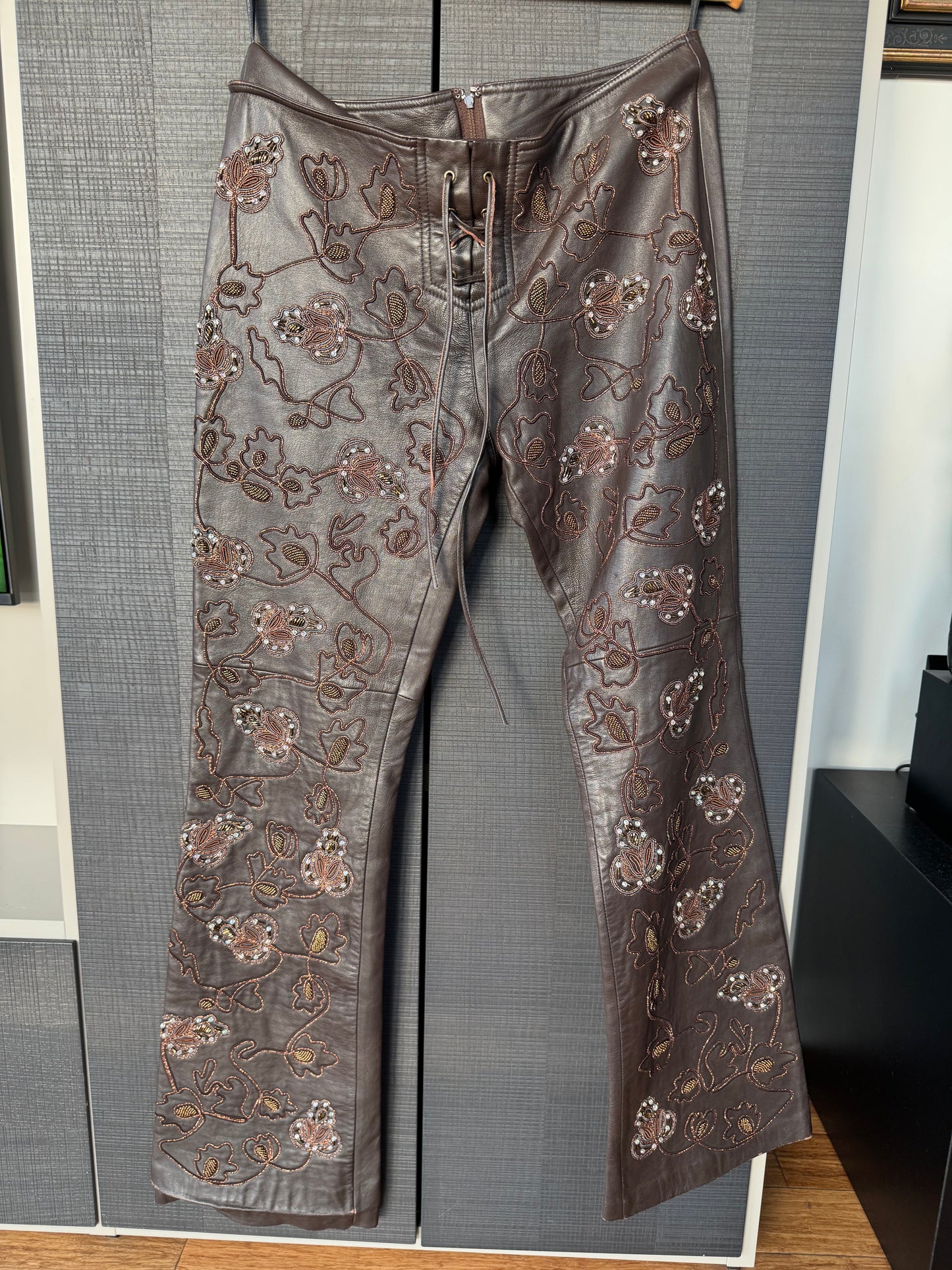 Vintage Bebe Beaded Leather Lace-Up Pants