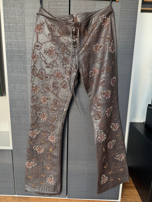 Vintage Bebe Beaded Leather Lace-Up Pants