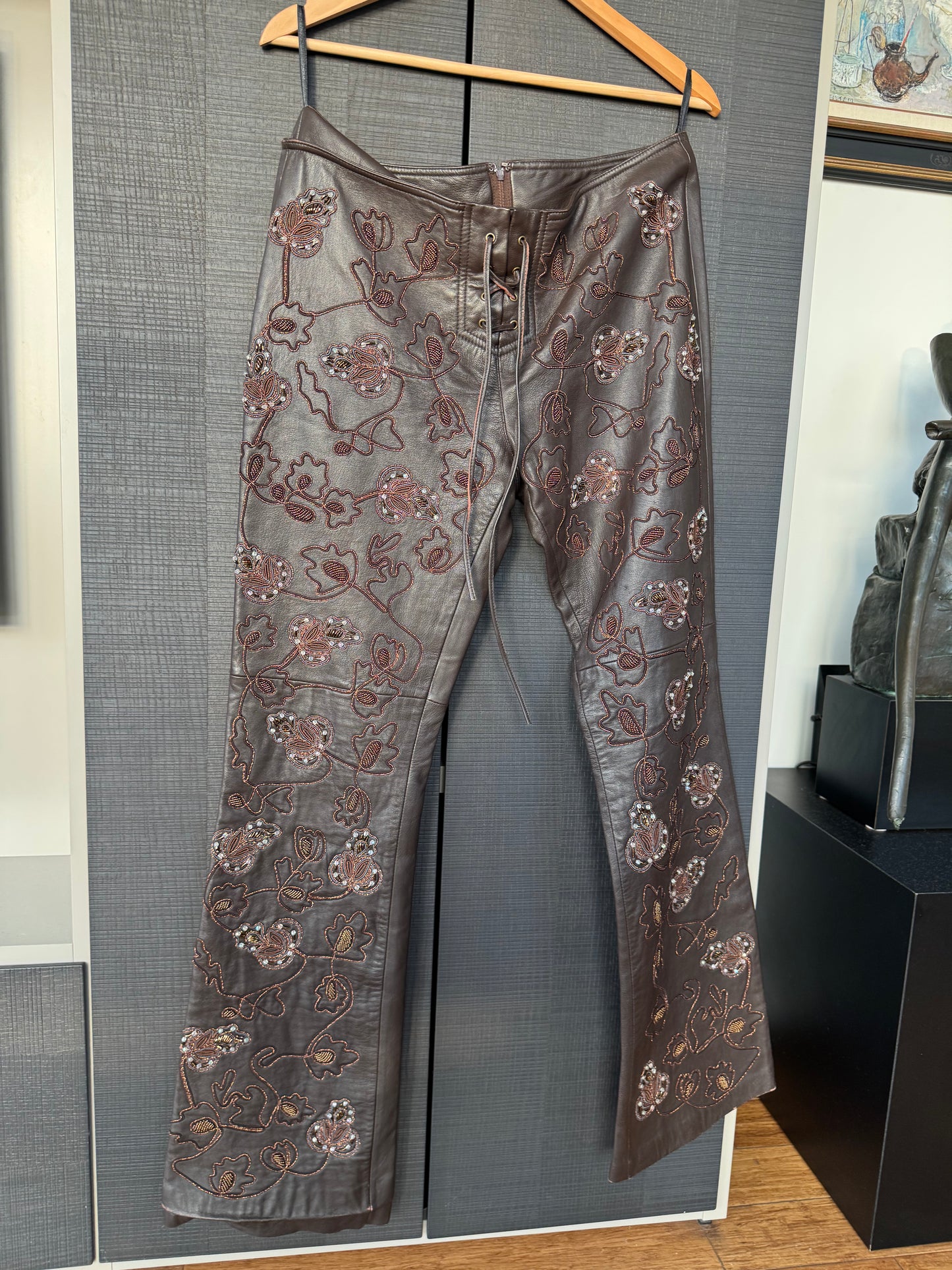 Vintage Bebe Beaded Leather Lace-Up Pants