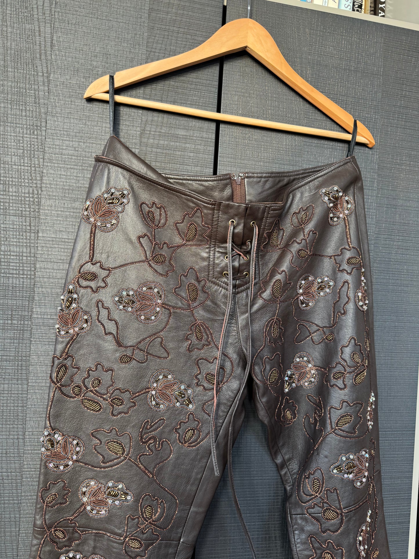 Vintage Bebe Beaded Leather Lace-Up Pants