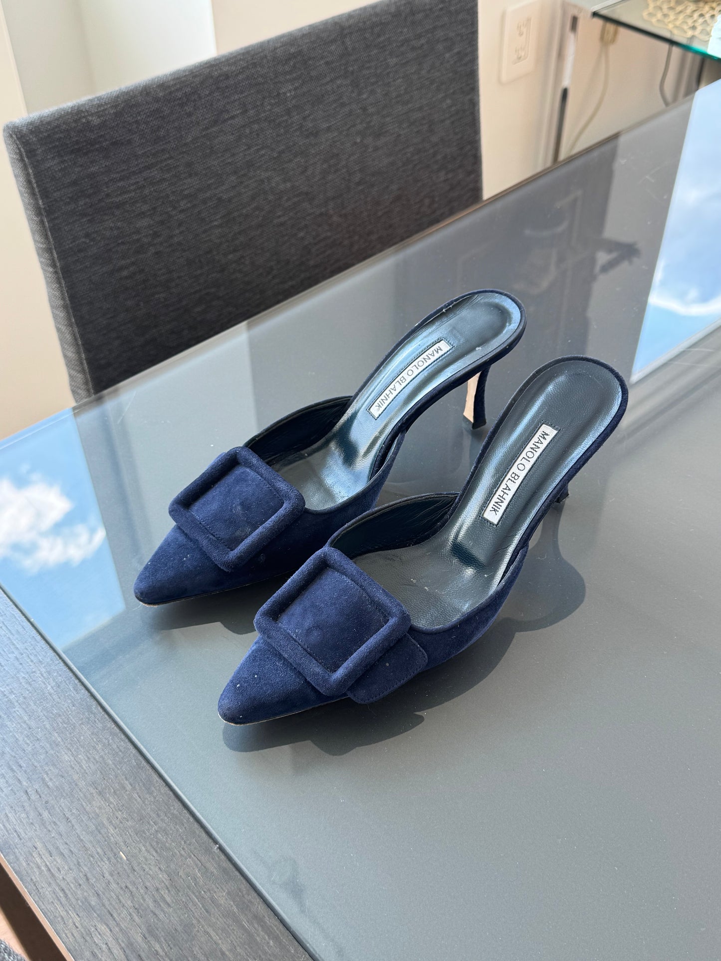 Vintage Manolo Blahnik Maysale Navy Suede Mules 38
