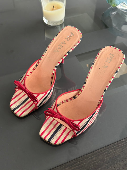 Prada Striped Bow Sandal Heels 36
