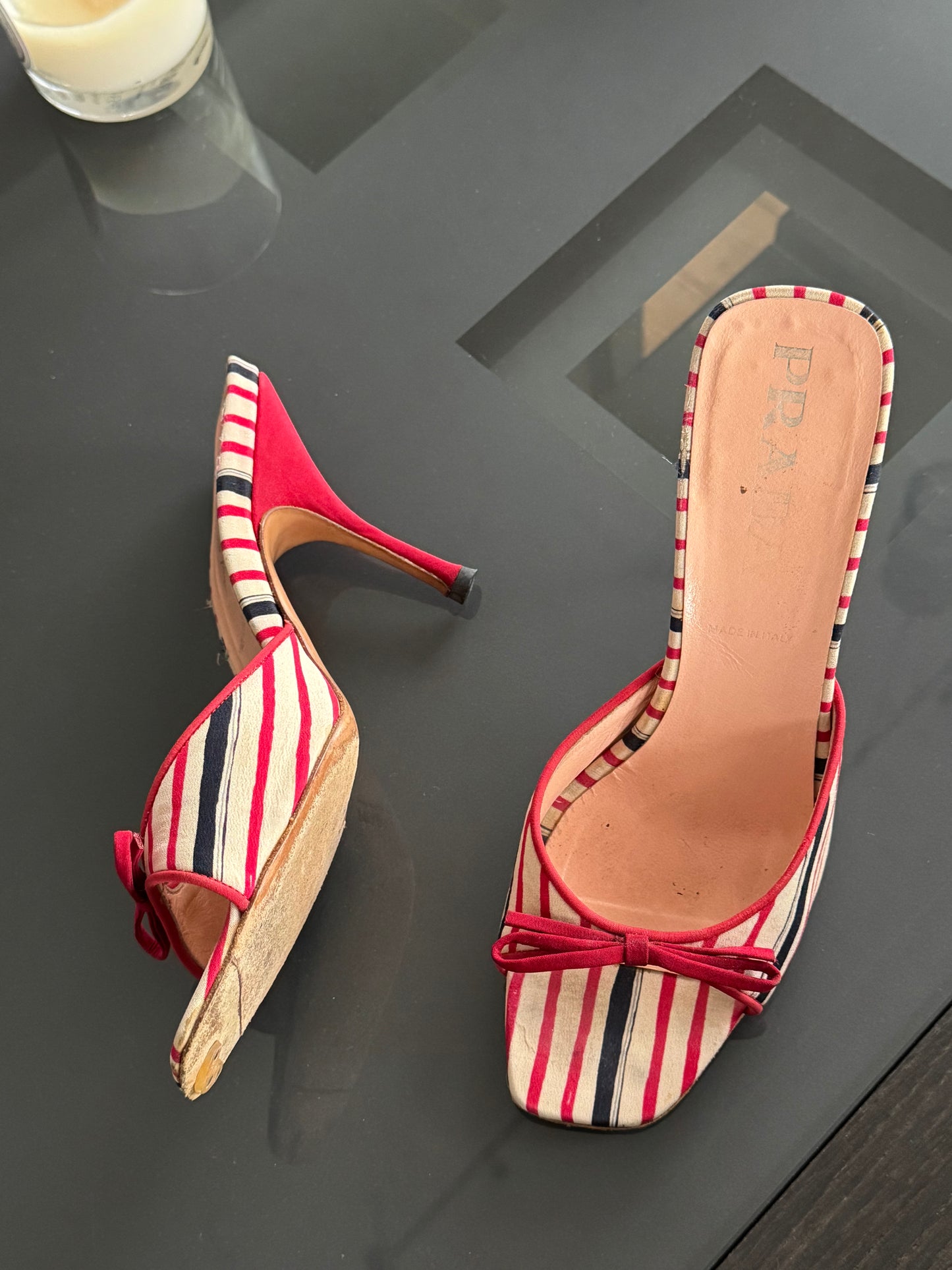 Prada Striped Bow Sandal Heels 36