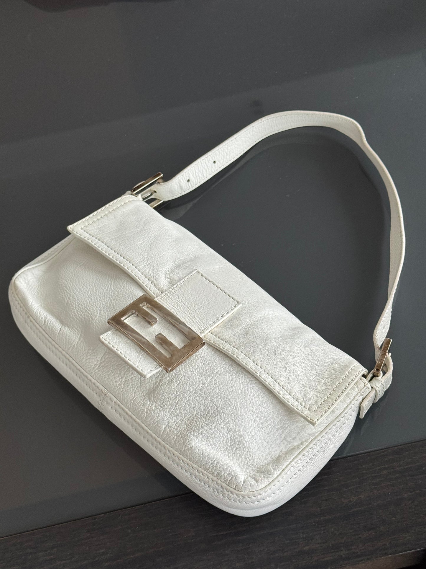 Vintage Fendi White Leather Baguette with Light Gold Hardware